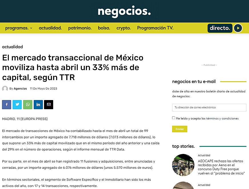 El mercado transaccional de Mxico moviliza hasta abril un 33% ms de capital, segn TTR
